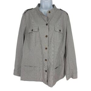 J Jill  Pinstripe Cotton Stretch Button Up Mandarin Collar Jacket Size L